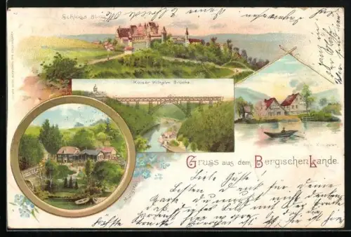 AK Müngsten, Blick auf Schloss Burg, Kaiser-Wilhelm-Brücke, Ruderer auf dem See