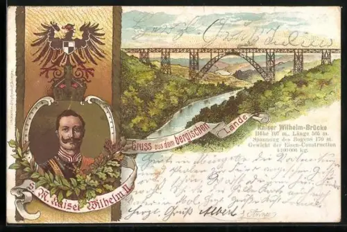 Lithographie Müngsten, Kaiser Wilhelm-Brücke, Portrait Wilhelm II., Reichsadler mit Krone