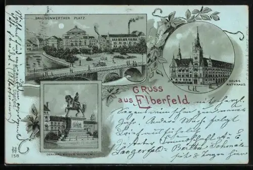 Mondschein-Lithographie Elberfeld, Brausenwerther Platz, Neues Rathaus, Denkmal Kaiser Wilhelm I.