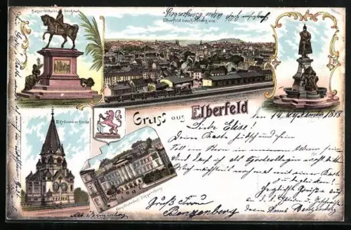 Lithographie Elberfeld, Reformierte Kirche, Hauptbahnhof Döppersberg, Kaiser-Wilhelm-Denkmal
