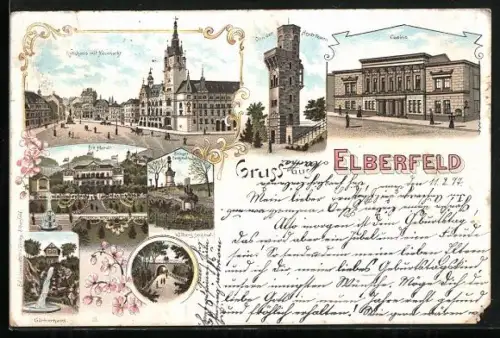 Lithographie Elberfeld, Rathaus mit Neumarkt, Casino, Gärtnerhaus