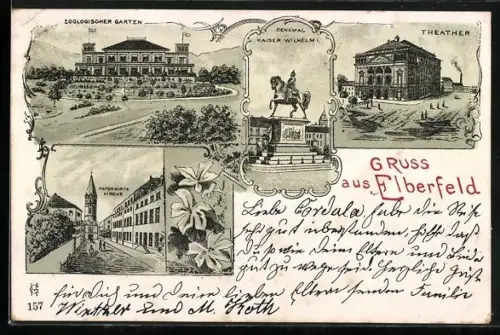 Lithographie Elberfeld, Zoologischer Garten, Theater, Denkmal Kaiser Wilhelm I.