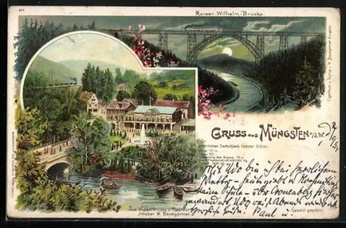 Lithographie Müngsten, Restaurant von W. Baumgärtner, Kaiser-Wilhelm-Brücke, Alte Wupperbrücke