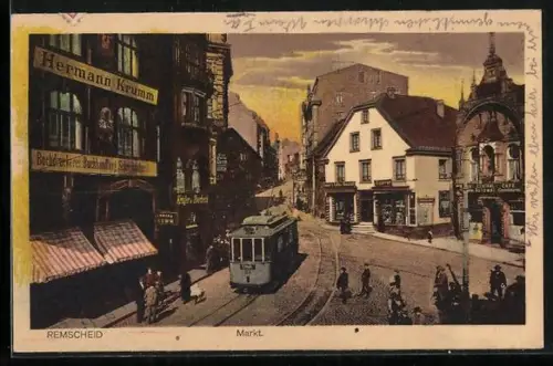 AK Remscheid, Strassenpartie am Markt mit Buchhandlung von Hermann Krumm und Strassenbahn
