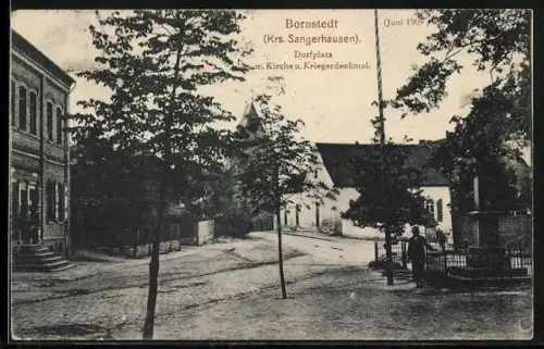 AK Bornstedt /Krs. Sangerhausen, Dorfplatz mit Kirche und Kriegerdenkmal 1909