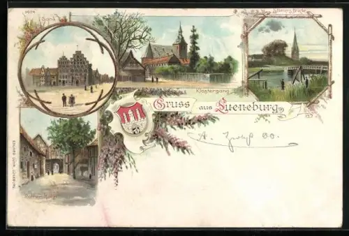 Lithographie Lüneburg, das Rathaus, am Klostergang, Stamers Brücke, der Rothe Hahn