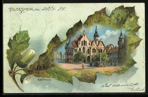 Passepartout-Lithographie Hildesheim, Rathaus im Eichenblatt