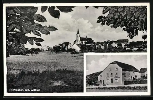 AK Klausen /Krs. Wittlich, Cafe-Restaurant, Teilansicht mit Kirche
