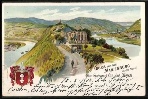 Lithographie Marienburg / Mosel, Hotel und Restaurant Carl Jos. Bömer