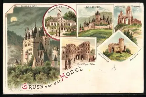 Lithographie Bad Bertrich, Schloss Eltz, Vurhaus, Burg Cochem, Gräfinburg Trarbach, Ruine Landshut