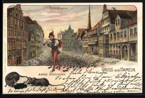 Lithographie Hameln, Partie in der Osterstrasse, Rattenfänger