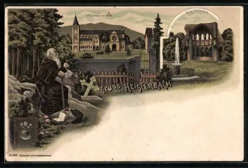 Lithographie Heisterbach, Kirche, Ortspartie mit Springbrunnen