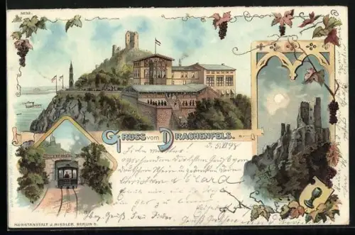 Lithographie Königswinter, Hotel auf dem Drachenfels, Ruine, Zug, Wein