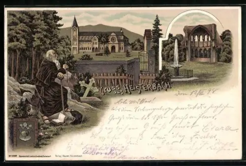 Lithographie Heisterbach, Kirche, Ruine, Älterer Mönch mit Bibel