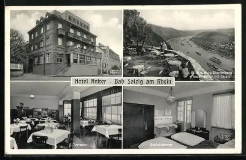 AK Bad Salzig am Rhein, Hotel Anker, Innenansichten Terrasse und Schlafzimmer