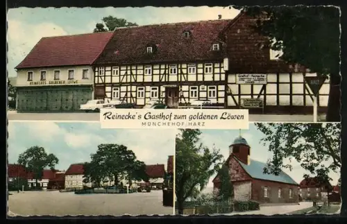 AK Münchehof /Harz, Gasthof zum goldenen Löwen Reinecke, Kirche, Ortspartie