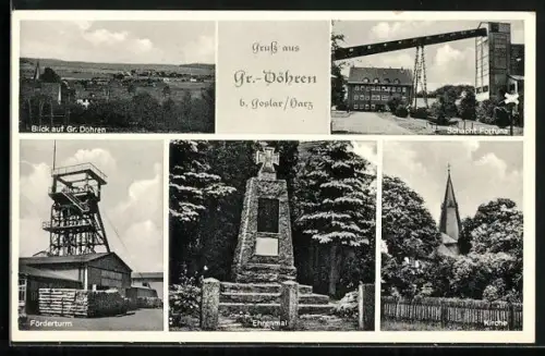 AK Gr.-Döhren b. Goslar, Schacht Fortuna, Förderturm, Ehrenmal