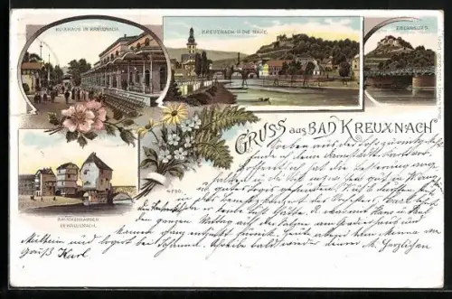 Lithographie Bad Kreuznach, Kurhaus, Brückenhäuser, Ebernburg