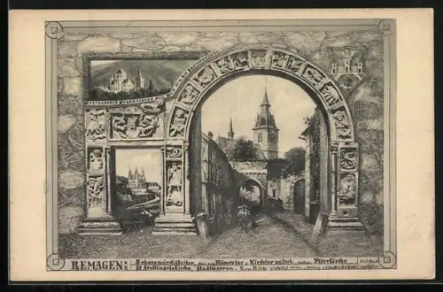 Künstler-AK Remagen, Römertor und Kirchtor, Restaurierte, Pfarrkirche, St. Apollinarskirche