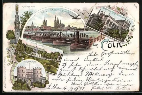 Lithographie Cöln, Mariensäule, Flora Garten, Hahnenther, Wallraf-Richartz-Museum