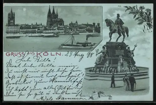 Mondschein-AK Köln, Uferpartie mit Dom, Denkmal Wilhelm I.