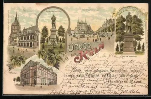 Lithographie Köln, Theater, Rathaus, Bismarck-Denkmal