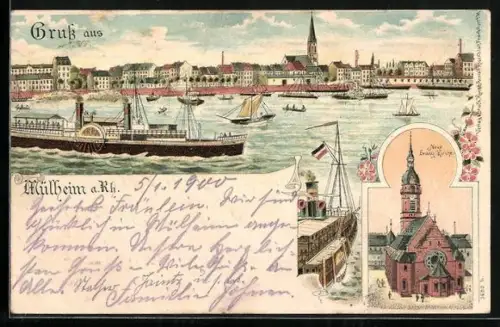 Lithographie Mülheim a. Rh, Ortsansicht mit regen Schiffsverkehr, Partie neue evang. Kirche