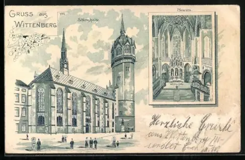 Lithographie Wittenberg / Elbe, Schlosskirche - Aussen- und Innenansicht