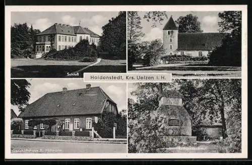 AK Holdenstedt / Uelzen, Schloss, Geschäftshaus E. Hillmann, Kirche, Kriegerdenkmal