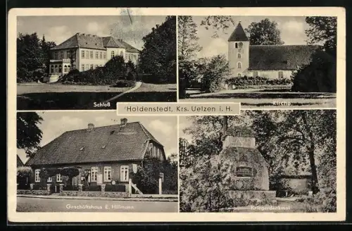 AK Holdenstedt / Uelzen, Schloss, Geschäftshaus E. Hillmann, Kirche, Kriegerdenkmal