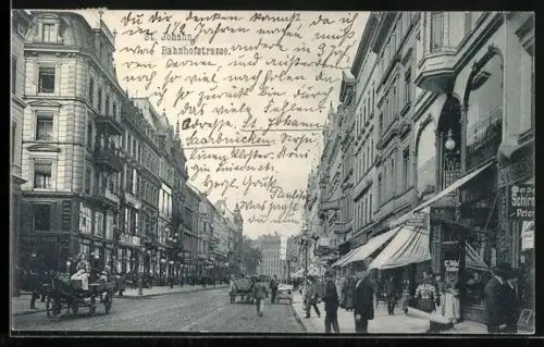 AK St. Johann / Saar, Partie der Bahnhofsstrasse mit Pferdekarren