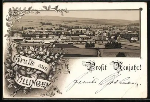 Lithographie Villingen / Baden, Blick auf die Ortschaft