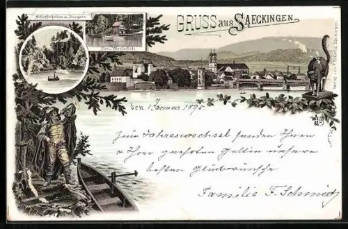 Vorläufer-AK Säckingen, 1895, Ortsansicht, Ortspartien See-Wirtschaft und Scheffelfelsen u. Bergsee