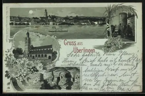 Mondschein-AK Überlingen / Bodensee, Ortspartien Kirche, Heidenhöhle und Gallerturm, Ortsansicht