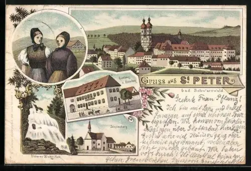 Lithographie St. Peter / Schwarzwald, Gasthaus zum Hirschen, Lindenberg, Frauen in Tracht