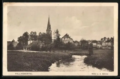 AK Fallingbostel, Motiv an der Böhme, Kirche, Brücke, Häuser