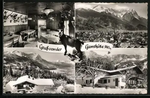 AK Garmisch-Partenkirchen, Gasthaus Gamshütte, Innenansicht, Winterlandschaft