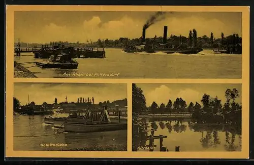 AK Plittersdorf / Rhein, Rheinansicht, Schiffbrücke, Altrhein