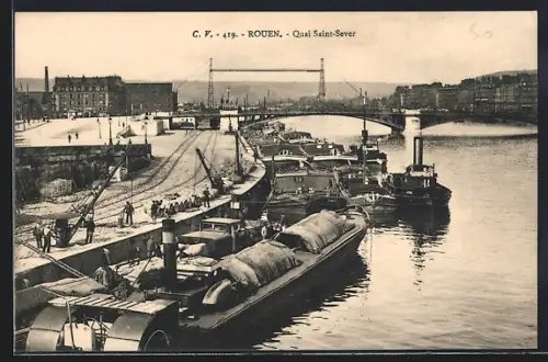 AK Rouen, Quai Saint-Sever avec bateaux et pont en arrière-plan