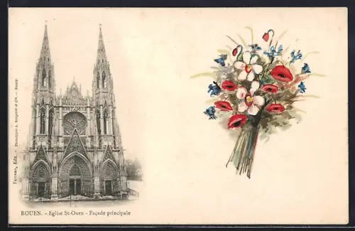 AK Rouen, Église St-Ouen, Facade principale et bouquet de fleurs