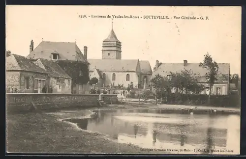 AK Sotteville, Vue Générale avec l`église et l`étang au premier plan