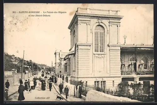 AK Sainte-Adresse, Le Palais des Régates et rue Désiré-Debout, animation urbaine et passants