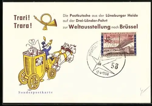AK Brüssel, Weltausstellung 1958, Postkutsche aus der Lüneburger Heide auf der Drei-Länder-Fahrt
