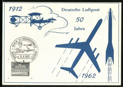 AK 50 Jahre Deutsche Luftpost 1962, Doppeldecker, Flugzeug und Rakete