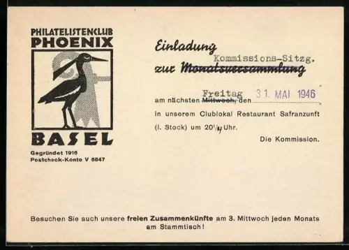 AK Basel, Philatelistenclub Phoenix, Einladung zur Kommissions-Sitzung 1946, Clublokal Restaurant Safranzunft