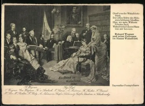 AK Bayreuth, Ein Abend im Wahnfried 1880, Gruppenbild mit Richard Wagner, Bayreuther Festspielkarte