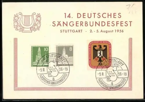 AK Stuttgart, 14. Deutsches Sängerbundesfest 1956, Wappen und Briefmarken