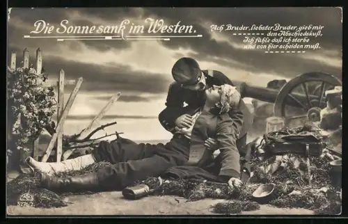 AK Die Sonne sank im Westen, Ach Bruder gib mir den Abschiedskuss..., Soldat stützt verwundeten Kameraden, Rotes Kreuz