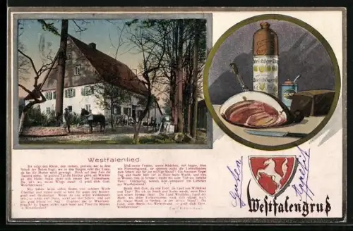 AK Westfalenlied, Stillleben mit westfälischem Schinken, Senf und Korn, Westfalengruss