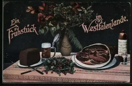 AK Ein Frühstück im Westfalenlande, Schinken, Brot und Bier